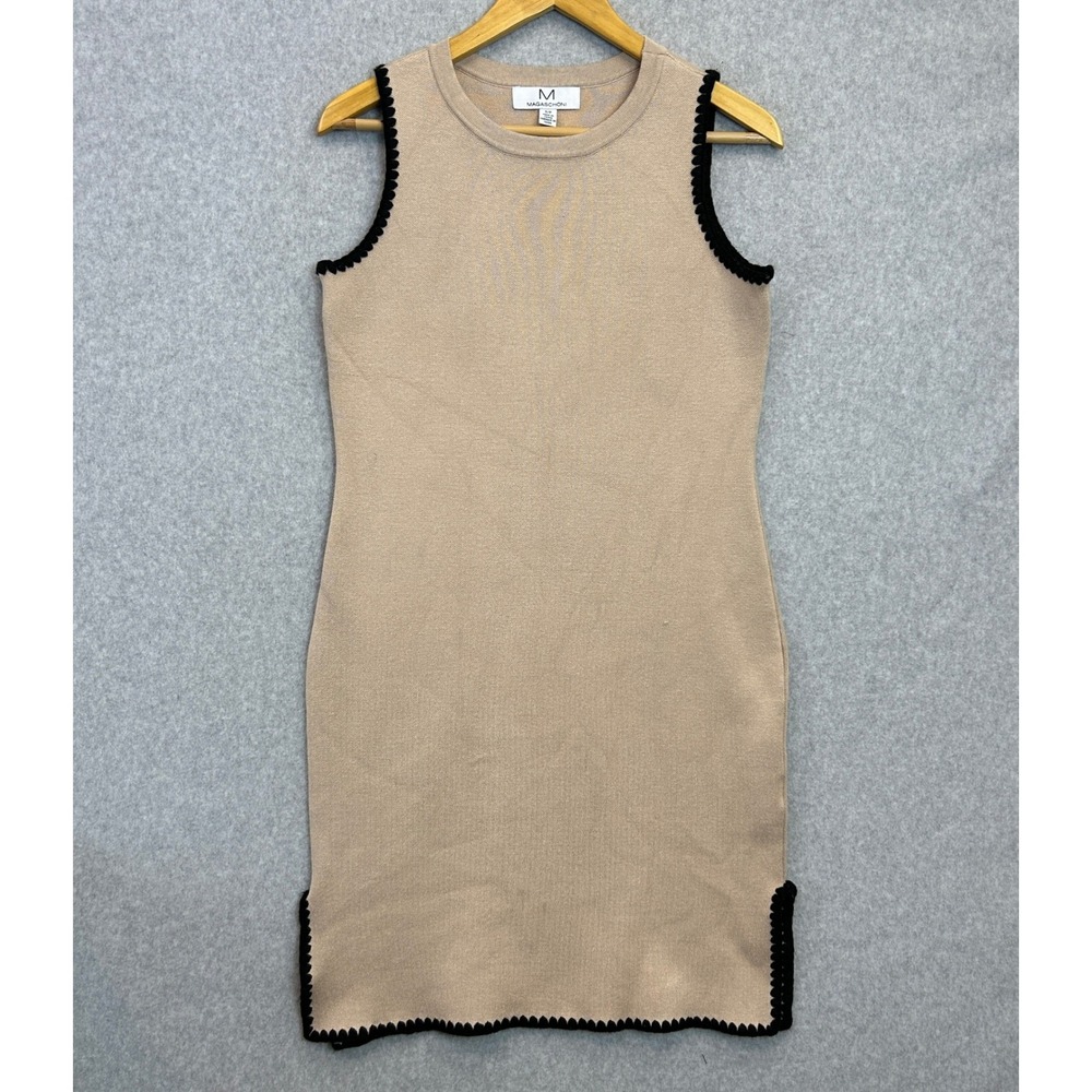 Magaschoni Knit Sheath Dress Tan Black Scallop Trim Old Money Minimalist Size S
